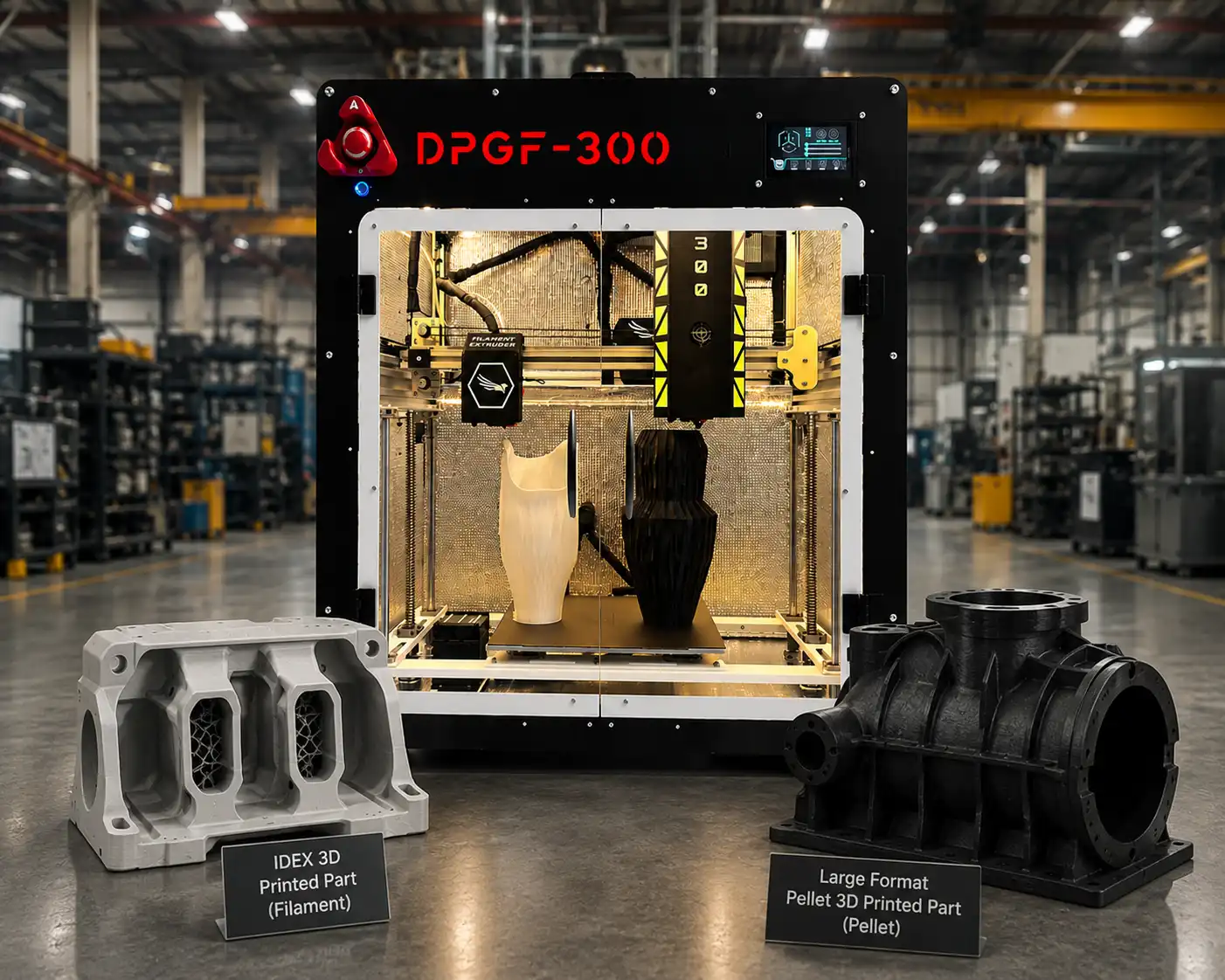 Pellet + Filament IDEX 3D printer with independent pellet extrusion and filament print heads